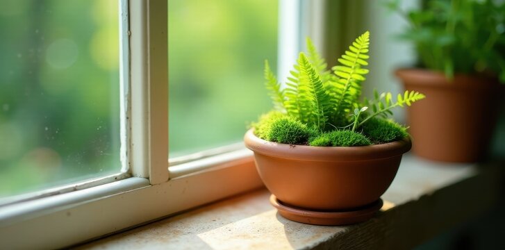 Tiny terracotta planter sitting on a windowsill filled with vibrant ferns and moss, terrarium, tiny houseplant, small plant pots