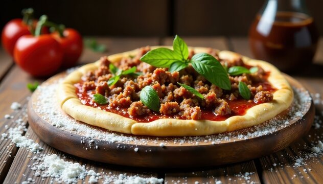 Traditional Turkish pide with ground meat on wooden board in flour covered floor , wooden board, bread
