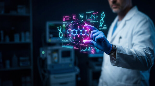 Medical researcher in lab analyzing digital molecule and glucose data with holographic interface, focused scientific innovation in clinical research