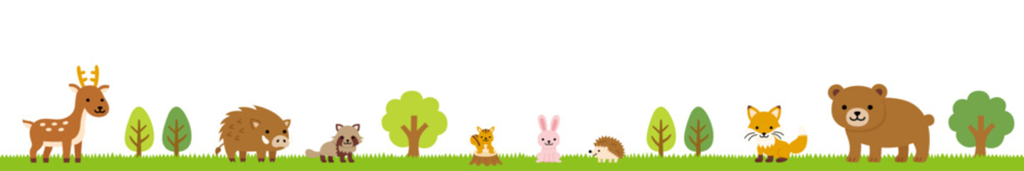 Fototapeta premium ポップでかわいい森の動物たちのフレーム背景イラスト