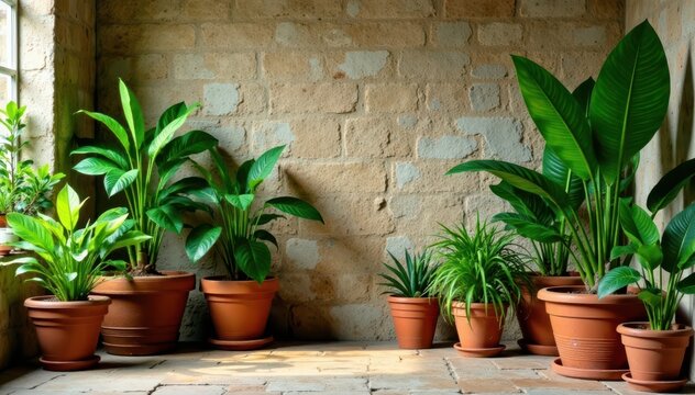 Various exotic houseplants in terracotta pots on a rustic stone floor, succulents, decor, indoor plants