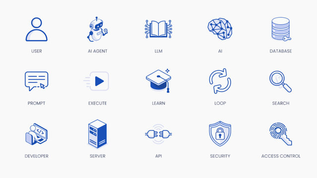 Set of sixteen colorful flat style icons representing user, robot, book, brain, database, chat, video, graduation cap, refresh, search, mobile app, server, wifi, security shield, fingerprint . Vector.