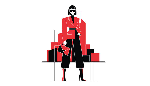 Elegant businesswoman standing confidently in a red blazer with abstract urban cityscape background representing modern corporate power and style.