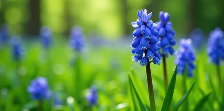 Vibrant blue hyacinth stems standing upright among lush green foliage in a spring meadow, spring, grass