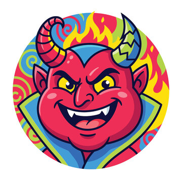 Cartoon devil character with horns smiling.
