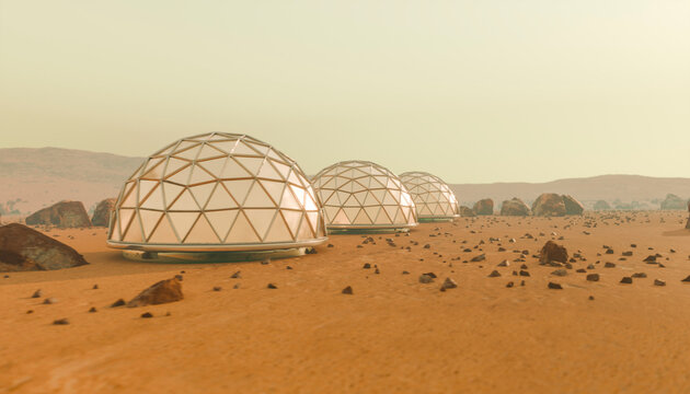 Geodesic dome habitats in a red Mars colony landscape