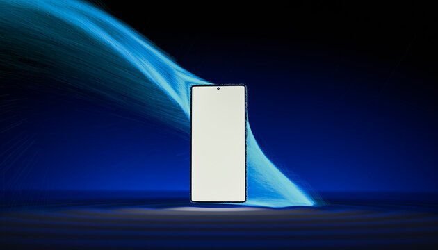 Blank smartphone screen with dynamic blue glowing light trails