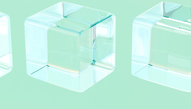 Abstract transparent floating glass cube on green background