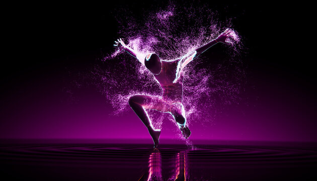 Abstract neon purple dancer silhouette jumping over reflection
