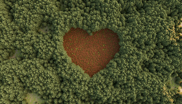 Aerial drone shot of a heart shape clearing in a green forest