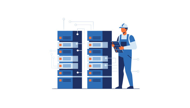 IT technician checking server racks in a modern data center to ensure optimal system performance and digital infrastructure maintenance.