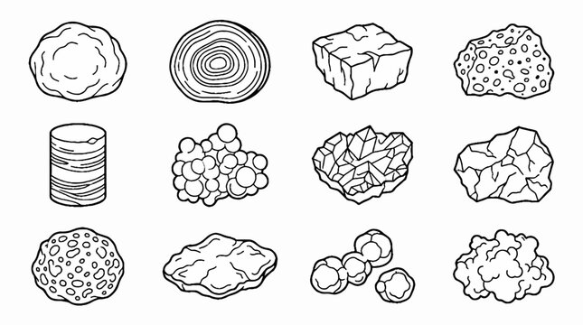Hand drawn collection of various mineral and rock types in black and white line art style.