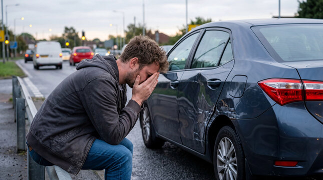 Man sitting near damaged car after road accident on wet street, worried male driver covering face beside dented sedan