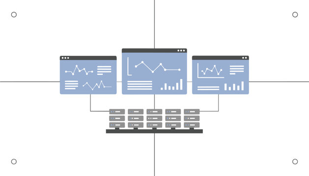 Data center server racks connected to dashboard monitors showing complex analytical graphs for network traffic and cloud performance.