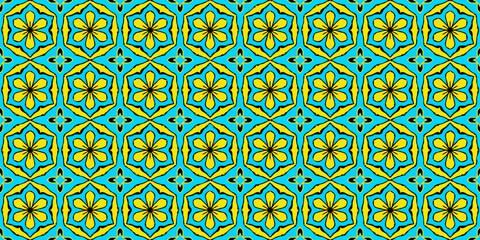 A striking seamless pattern showcases bright yellow flower motifs arranged on a vibrant cyan background. © AllYours