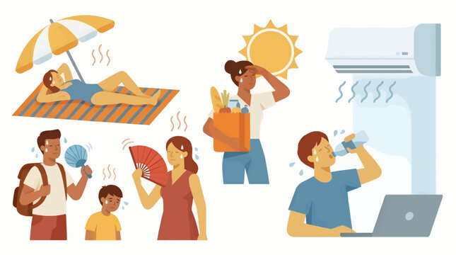 Flat Vector Illustration of Diverse People Suffering from Heatwave, Seeking Relief with Fans, Umbrella, Air Conditioning, and Hydration, Summert.