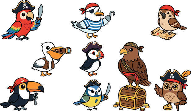 Cute Cartoon Pirate Birds Vector Character Set Featuring Parrot, Toucan, Eagle, and Owl with Treasure Chest, Swords, and Maps for Kids Graphic Designs