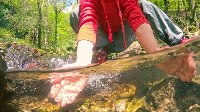 A caucasian woman in a red hoodie kneels by a clear spring in a lush forest, her hands submerged in the pristine flowing water showing connection with nature during a serene hiking adventure.
