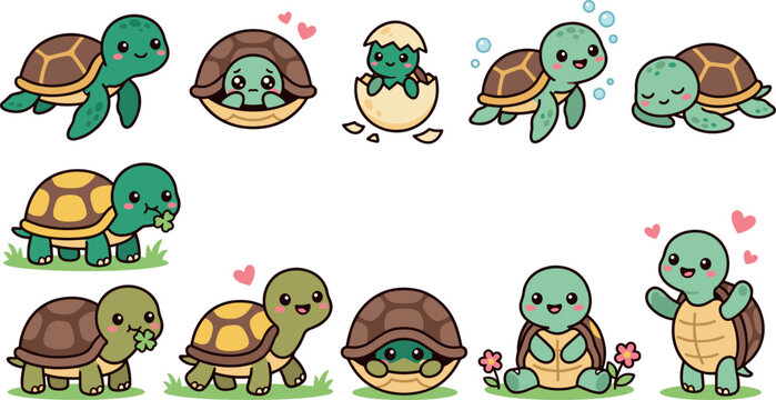 Cute Cartoon Sea Turtle Vector Character Set Featuring Baby Tortoises Hatching, Swimming, Eating, Sleeping, and Hiding in Shells for Kids Graphic Designs