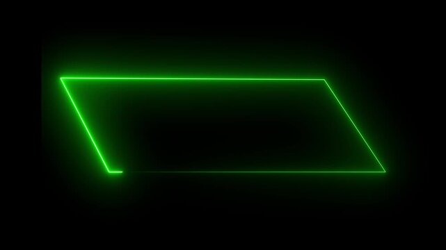 Glowing green neon parallelogram frame isolated on black background motion graphics on isolated dark black background.