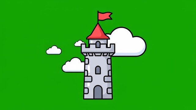 A cartoon castle with a red roof and flag on a green background