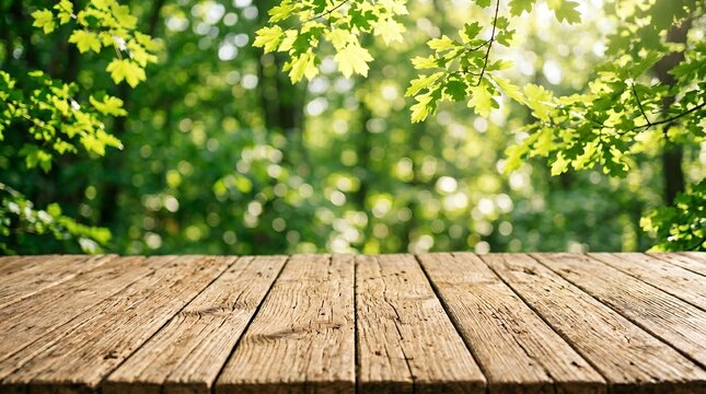 Rustic wooden table top with blurred green forest background, empty wood surface for product display, sunny outdoor garden park scene