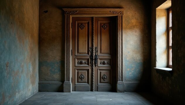 Wooden antique door with intricate carvings and old rusty hinges in a dimly lit hallway, aged architecture, vintage door, distressed finish