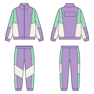 Lavender and mint green color block track suit jacket with matching jogger bottom flat sketch illustration on transparent background, technical drawing for sportswear front and back view