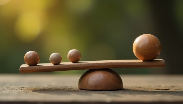 Wooden scale with large ball and four small balls balanced on it , balls, outdoor, weights