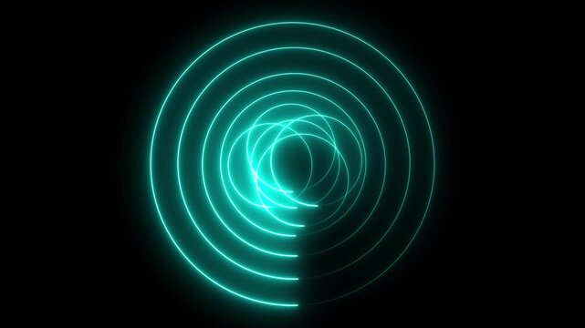 Abstract neon cyan glowing circles forming a spiral pattern on a black background