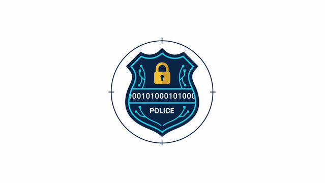 Cyber Security Police Shield Icon with Digital Padlock and Binary Code Overlay - Concept of Digital Law Enforcement and Data Protection