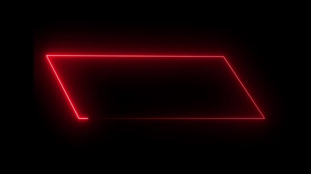 Glowing red neon parallelogram frame isolated on black background motion graphics on isolated dark black background.