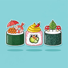 Cartoon sushi rolls with toppings. © ya