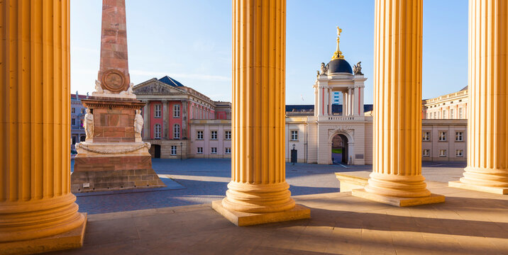 Germany, Potsdam, view to obelisk and City Palace with Fortuna Portal from St. Nicholas Church