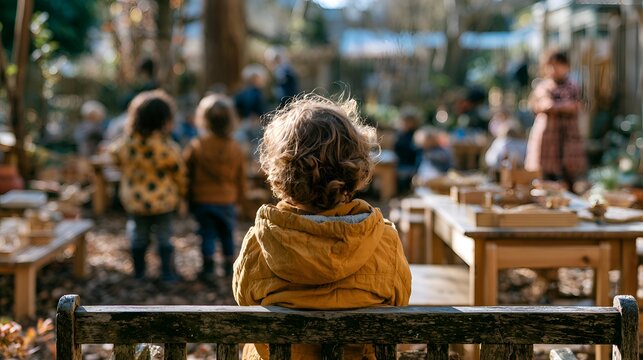 Curly-haired child in a yellow jacket sitting on a wooden bench, observing outdoor activities at a nature-based playgroup