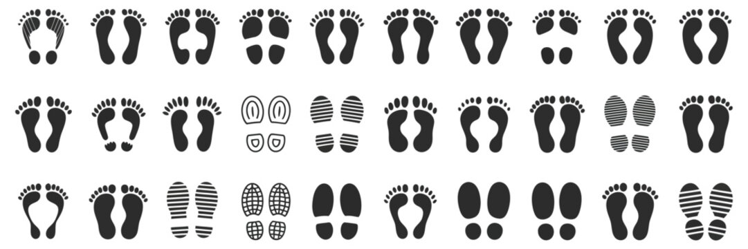 Human Footprints Icon featuring foot imprints, footsteps, barefoot, sneaker, shoe silhouettes, and clean isolated vector illustrations.