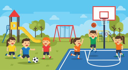 Fototapeta premium Childrens Playground Fun - Kids Playing Soccer and Basketball.