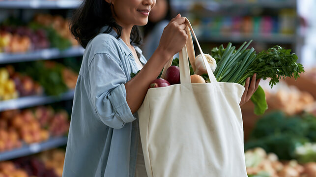reusable white canvas shopping tote bag full of colorful fresh organic vegetables and fruits on table with blurred store background