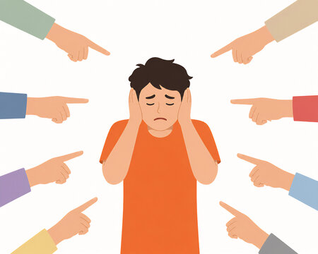 young boy in an orange shirt covering his ears, surrounded by multiple disembodied hands pointing at him from all directions. It visually represents themes of social pressure, bullying, and overwhelmi