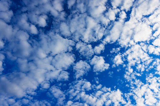 Low angle view of white altocumulus clouds in a blue sky in Austria