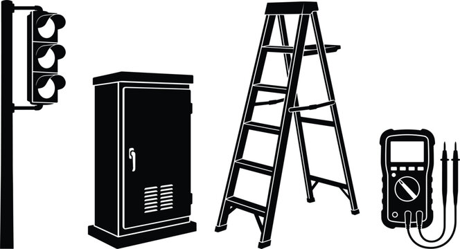 Electrical Utility and Maintenance Equipment Silhouette Icon Set with Traffic Light Control Cabinet Ladder and Digital Multimeter