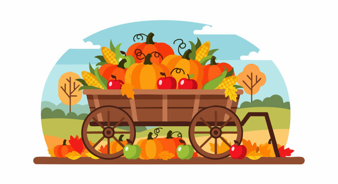 Autumn harvest wagon filled with pumpkins, apples, and corn.