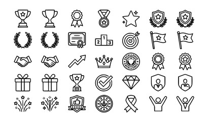 Fototapeta premium Success Achievement and Award Outline Icon Set with Trophy Ribbon Winner Star and Editable Stroke Vector