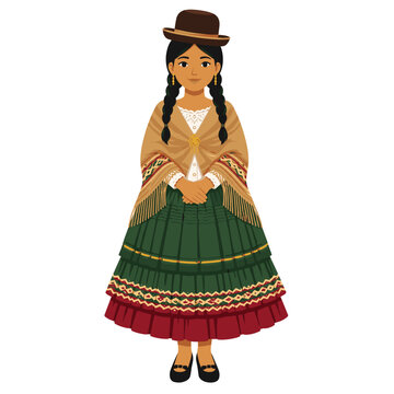 Bolivian Woman  wearing traditional cholita-inspired attire with bowler hat, layered pollera skirt, shawl, and braids