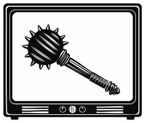 Fototapeta premium Medieval spiked mace weapon displayed on vintage television screen