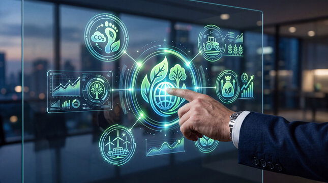 Green energy sustainable technology digital interface business hand eco system futuristic screen carbon footprint renewable power environmental data clean energy