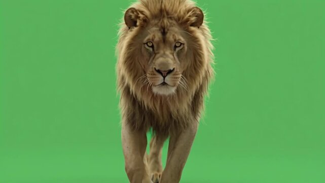 Majestic male lion walking on greenscreen background