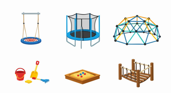 Playground Equipment Set - Swing, Trampoline, Climbing Dome, Sand Toys, Sandbox, and Rope Climber.