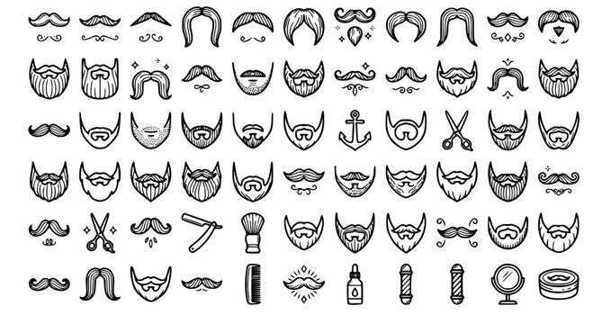 Collection of various beard and mustache styles with barber tools