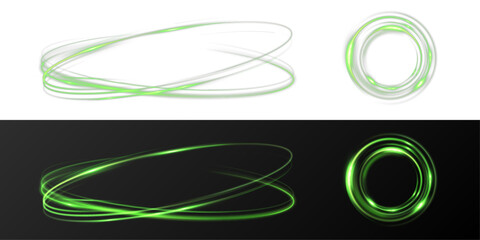 Naklejka premium Green Neon Energy Portal Ring and Elliptical Light Trail Set with Futuristic Glow Effect Isolated on Transparent Background